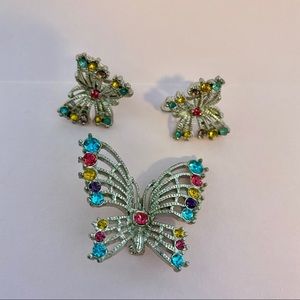 Vintage colorful butterfly brooch earring set whimsical fairy retro sweater pin
